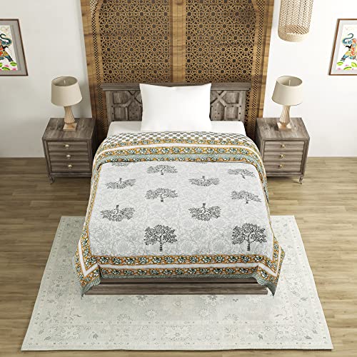 Image of BLOCKS OF INDIA Cotton Single Size Quilt Hand Block Print for Light Winters (60X90 Inches) (Green Yellow Tree), Lightweight, 300 TC