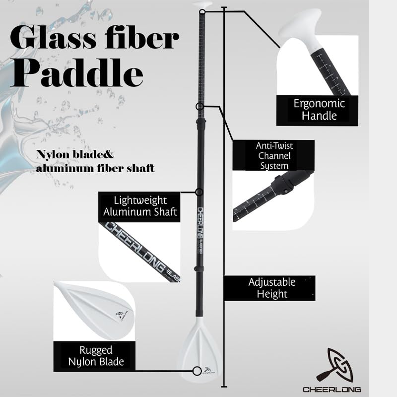 CHEERLONG SUP Paddle, Adjustable Length 63-86 inches, Black Fiberglass Grip, White Nylon Blades, Adjustable to a Comfortable Position, is a Perfect SUP Paddle