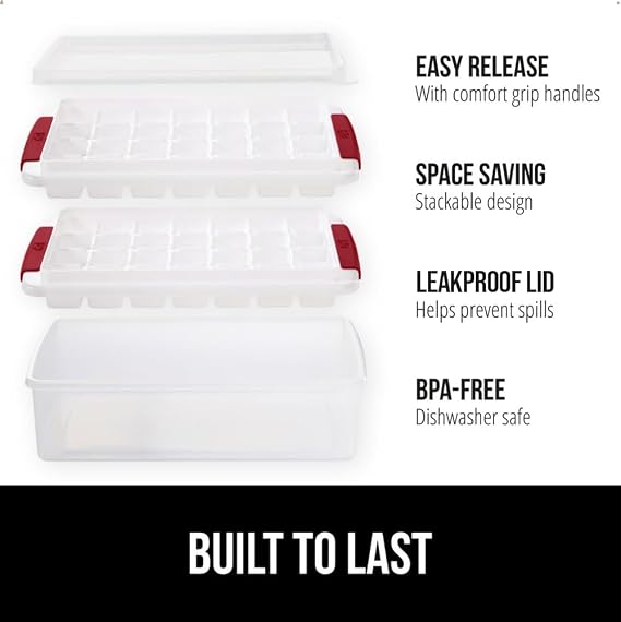 GORILLA GRIP BPA-Free Space Saving Ice Cube Tray and Bin Set, Red