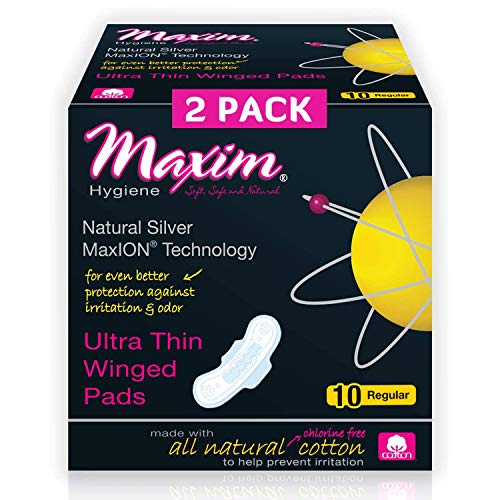 MaxION Cotton Maxi Pads Regular 100% Cotton, Winged Menstrual Pads Natural Ion Odor Protection Feminine Pads Chlorine Free, Chemical Free, Eco Friendly, 2 Packs of 10