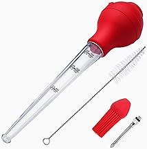 Large Turkey Baster with Barbecue Basting Brush,Include Detachable Food Grade Silicone Bulb, Meat Injector Needle and Cleaning Brush，Premium Baster Syringe for Home Baking and Roaster Turkey (Red)
