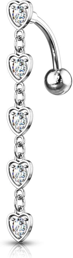 14GA 5 Crystal Set Center Hearts Dangle Top Drop Belly Button Navel Ring 316L Surgical Steel (Choose Color)