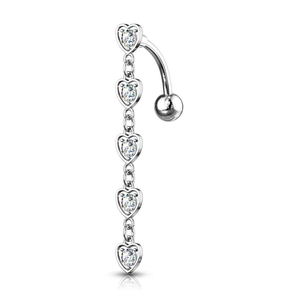 Amelia Fashion 14GA 5 Crystal Set Center Hearts Dangle Top Drop Belly Button Navel Ring 316L Surgical Steel (Choose Color)