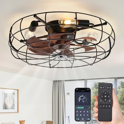 LEDIARY 23 Inch Large Caged Ceiling Fan with Light, Flush Mount Low Profile with Remote Control, Farmhouse Industrial Bladeless Fan Light for Bedroom, Kitchen, Indoor