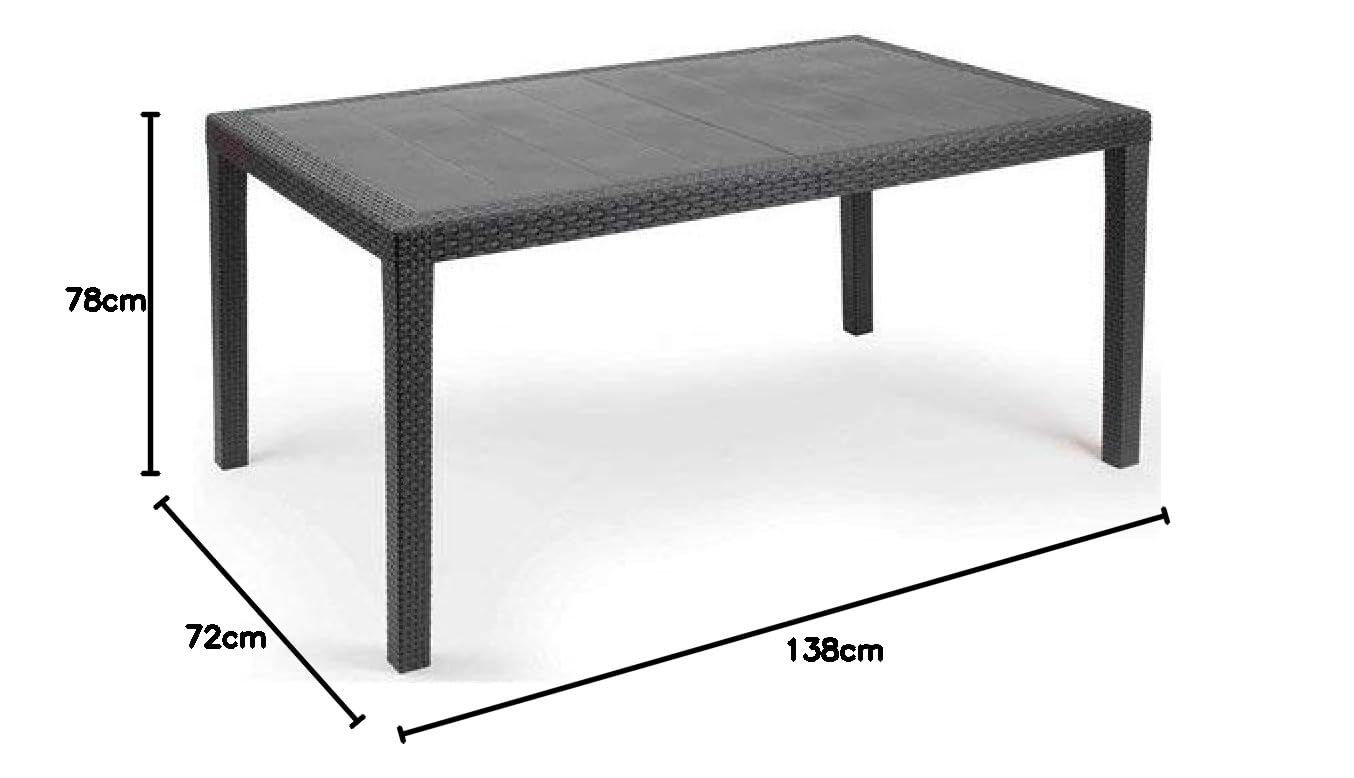Dmora - Tavolo da esterno Imola, Ripiano fisso rettangolare, Tavolo da giardino multiuso effetto rattan, 100% Made in Italy, 138x78h72 cm, Antracite