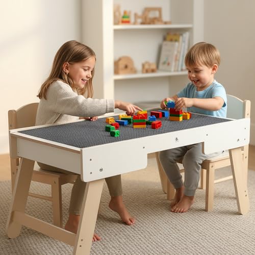 Youuys 3 in 1 Wooden Kids Activity Table & Building Board Compatible with Building Block,Storage Play Table Reversible Top Legs Fold for Easy Under Bed Storage （No Chairs）