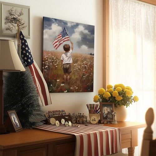 Image of Sunwes Patriotic Memorial Day Wall Art, Little Boy Holding American Flag in Flower Field Print, Inspirational USA Independence Day Framed Poster Oil Painting for Family Room or Entryway 11x14inch