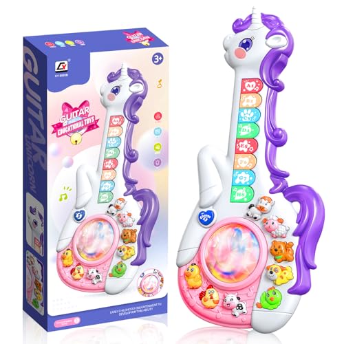 Kids Guitar, Kids Musical Instruments Toy for Child Toddler Boys Girls, Unicorn Guitar Toy with Animal Sounds & Music & Lights for 3 4 5 Year Old Girls Boys Birthday