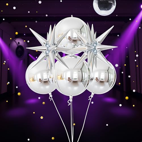 Image of 6Pcs 22Inch Silver Disco Ball Balloons - 4D Large Foil Balloons with Metallic Star for 70s Disco Dance Birthday Party