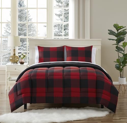 7 Piece Comforter Set Bag Solid Color All Season Soft Down Alternative Blanket & Luxurious Microfiber Bed Sheets, Full, Buffalo Plaid Burgundy/Black