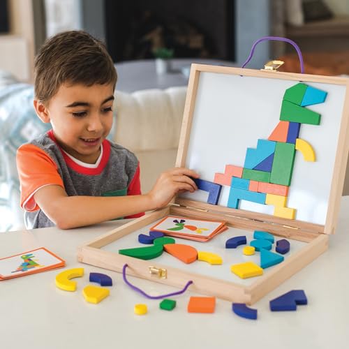 MindWare Imagination Magnets Wooden Pattern Blocks Set - Imaginative Play with magentic Shapes in a Carrying case - 42 Magnetic Solid Wooden Blocks, 50 Full-Color Laminated Puzzles