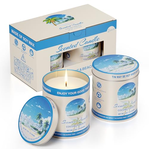 Coconut Beach Scented Soy Wax Candles | 2 Pack 510g 80H Burn Time 8% Essential Oils | Aromatherapy Jar Tin Candle for Stress Relief | Perfect Home Meditation, Yoga, Spa Stylish Gift for Men and Women