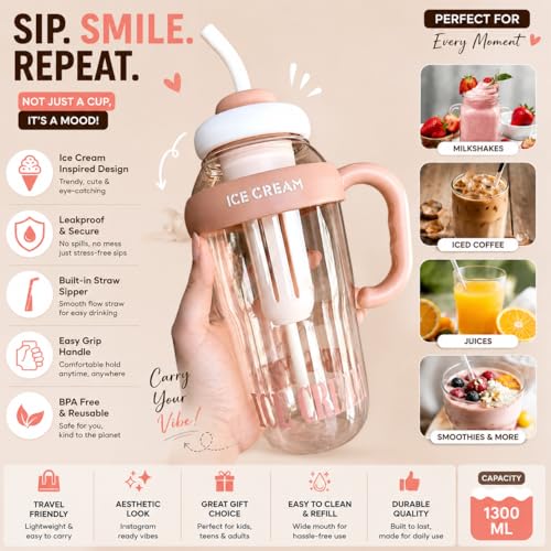 Image of 1300ml Large Capacity Insulated Transparent Tumbler Bottle with Straw & Handle, Leakproof Detox, Green Tea, Milkshake, Beverages, Juice & Cold Drinks | Gym, Travel, Office & Fitness (LIGHT GREEN)