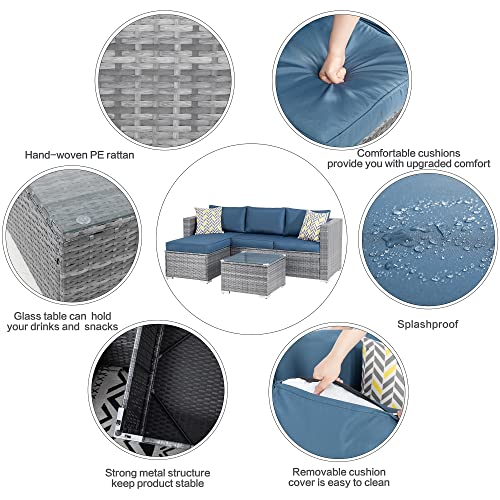 Shintenchi Patio Furniture Sets 3 Pieces Outdoor Sectional Sofa Silver All-Weather Rattan Wicker Sofa Small Patio Conversation Couch With Washable Cushion And Glass Table(Aegean Blue) #TOP3