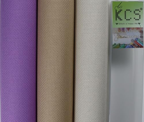 Image of KCS 3 pc of 15 inch x 18 inch(38cmx45cm) Counted Cross Stitch Cotton Aida Cloth Needlework Rolled Fabric Box,16CT,Pearl Grey+Khaki+Lavender
