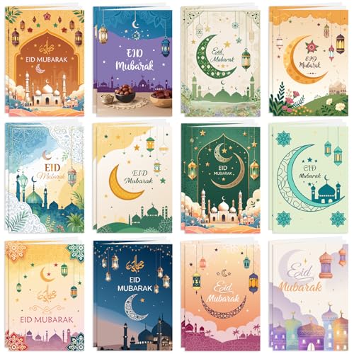 Eid Mubarak Cards 24 Packs Eid Greeting Card Islamic Muslim Ramadan Mubarak Cards with Stickers Envelopes Happy Eid al-Fitr Eid al-Adha Cards for Eid Mubarak Decorations (Eid Cards (12 Designs))