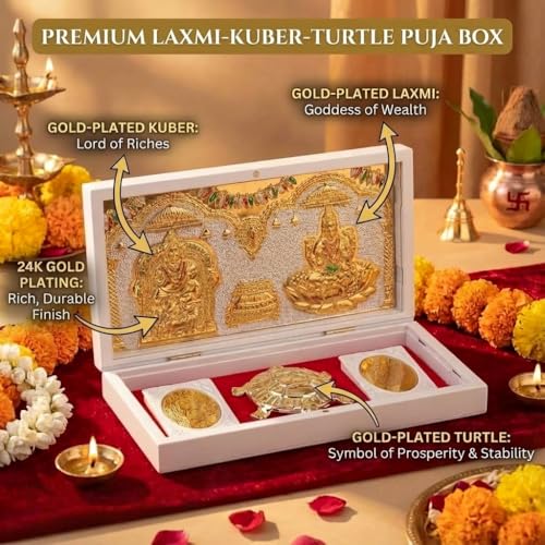 Image of Laxmi Kuber Pocket Temple for Pooja Room, Gifting for Wedding & Housewarming Ceremony I Gold Plated Photo Frame with Charan Paduka & Turtle for Good Luck - (8.4x4.5Inch) - Pack of 1