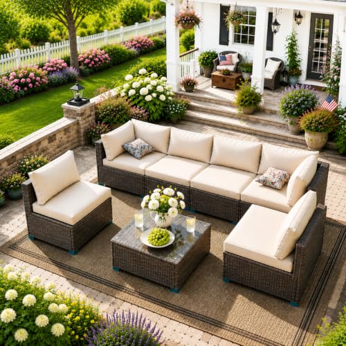 Image of 7 Piece Outdoor Sectional Outdoor Patio Furniture Set, Outdoor Patio Furniture Set with Coffee Table, Sectional Couch Sofa with Cushions, Wicker Outdoor Conversation Set for Backyard & Garden, Brown