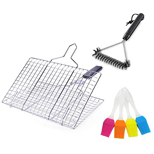 Apofly Grillkorb-Set, Grill-Grillklemme mit Reinigungsbürste, Ölbürsten für Fleischfisch Gemüsefisch Grillgitter-Gitterhalter Grillbürstenreiniger Saucenbürsten Grill-Werkzeugset für Kamado