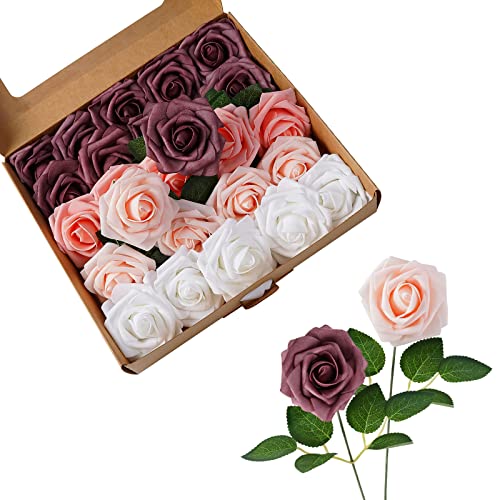 ASYOUWISH Artificial Flowers 25pcs Real Touch Fake Pink Rose with Stems Foam Roses Bulk for DIY Wedding Bouquets Centerpieces Arrangements Party Baby Shower Home Decoration, Torrid Blush