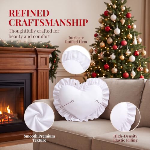 15.7 Inch Heart Shaped Christmas Throw Pillows with Ruffles, White - image 6