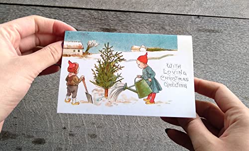 Image of PIXILUV SNOWY CHRISTMAS (Pack of 12) Notecards Small Greeting Cards # Snowy White Christmas with Family ~ Vintage Christmas Postcards Reprint