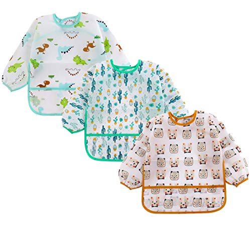 ElecMotive Conjunto de 3 Babero con Manga Larga Impermeable Artesanales/Artes/Pintura Delantal 9 a 36 meses (3pcs Set A)