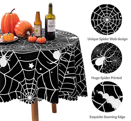60" Round Polyester Tablecloth, Halloween Black Spider Web Table Cloth, Spillproof Washable Polyester Table Cover - Perfect for Halloween Party Decorations
