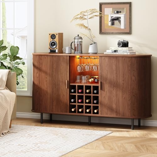 Image of ONBRILL 63 inch Wine Bar Cabinet with LED Light,Modern Liquor Whiskey Coffee Station with Wine Rack and Glass Holder, Farmhouse Buffet Sideboard with Storage for Living Room, Kitchen, Entryway (Walnut)