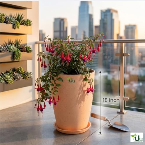Image of Urban Upvan Premium 18 inch Tower Planter Pot with Tray | Large Indoor Outdoor Decorative Flower Pots for Home, Balcony & Garden Beige (Pack of 2)