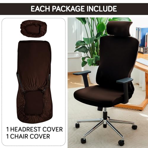 Image of HOKIPO 140 GSM Office Chair Cover with Headrest (High-Back) - 140 GSM Stretch Fabric - Washable, Anti-Slip Fit for Ergonomic Mesh Office Chairs, Chocolate Brown (AR-6704-BRN)