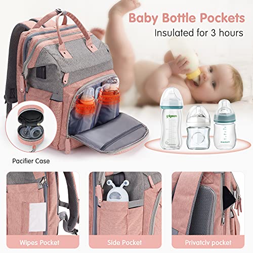Image of DERJUNSTAR Diaper Bag Backpack - Large Capacity Baby Diaper Bag with Changing Pad for Dad and Mom, Waterproof Travel Backpack, Multi-Function Bag with USB Charging Port, Rose Pink