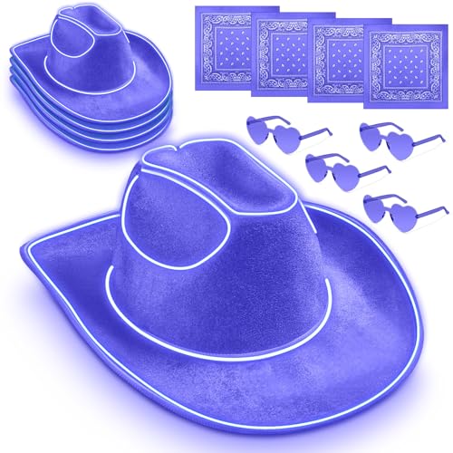 Chapeau de cowboy lumineux LED holographique avec lunettes cœur et bandana cachemire