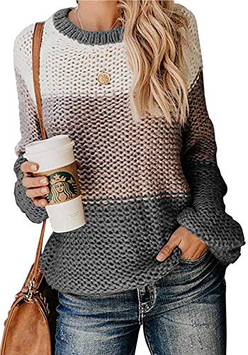 shermie Crewneck Womens Sweaters Long Sleeve Colorblock Striped Knitted Pullover Sweaters Grey Medium