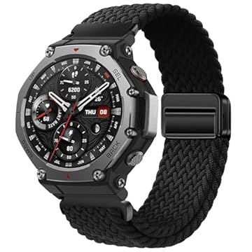 PONATTENO Pulseira trançada compatível com Amazfit T-Rex 3, design de fivela magnética ajustável, pulseira esportiva respirável e elástica macia para T-Rex 3 de 48 mm (preto)