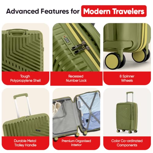Image of Core Medium Check-in Suitcase 65 cm 24 inch Polypropylene Hard Trolley Bag, 8 Spinner Wheels, Recessed Number Lock, Lightweight Luggage for Men & Women Moss Green /Lunar Yellow
