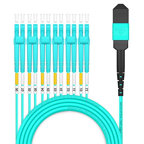 Image of AMPCOM MPO to LC Breakout Cable 50 /125μm Multimode OM3-300(12 Fiber, MPO to LC, Type B, LSZH /Riser, UPC, Aqua) 2m (6ft)