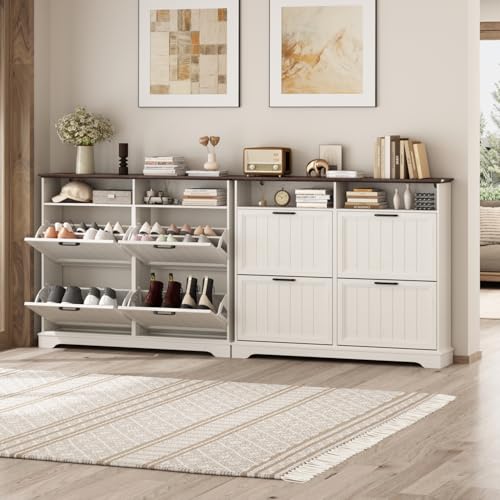 Image of Hidden Shoe Storage Cabinet with 4 Flip Drawers & Open Storage
