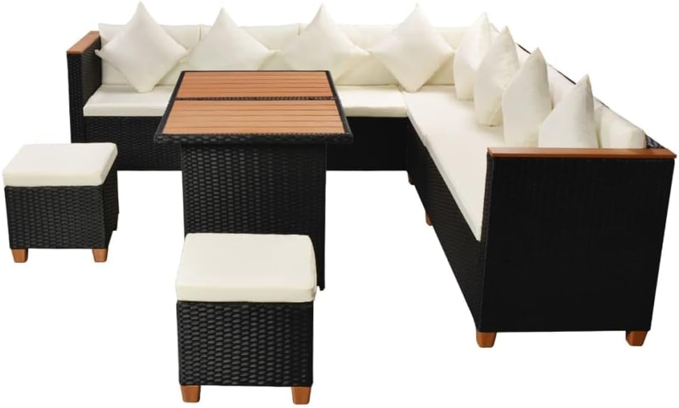 vidaXL Patio Furniture Set 7 Piece, Patio Conversation Set with Cushions, Outdoor Sectional Sofa with Coffee Table for Garden, Poly Rattan Black