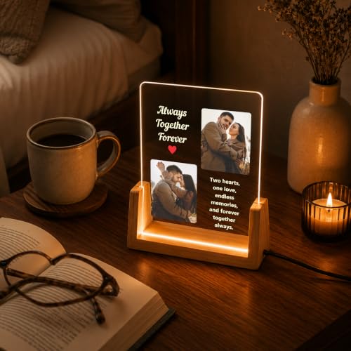 Image of Giftplease Personalized LED Acrylic Photo Frame with Custom Photos & Text | Engraved Acrylic Picture Lamp | USB Warm LED Night Light | Anniversary, Wedding, Birthday, Couple, Family, Home Decor
