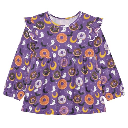Halloween Donut Bat Girls Shirts Cotton Long Sleeve Ruffle Toddler Tee Tops