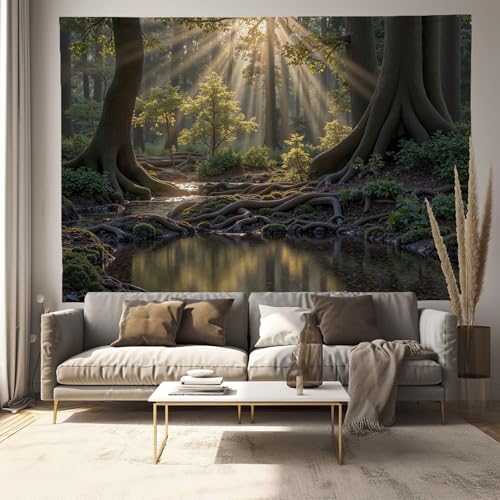 Ruisseau de la forêt ensoleillée tapisserie murale décorative chambre papier peint tissu jaune-vert