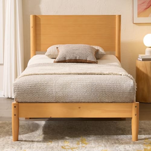 Image of AMERLIFE Solid Wood Twin Bed Frame, Mid Century Bed with Headboard, Natural | Platform Bed with Full Panel Headboard, Noise-Free & Cylindrical Legs, No Box Spring Needed, Under-Bed Storage
