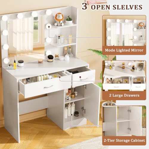 Image of LIVELYGLOW 35.4 inch White Makeup Vanity Desk with 10 Hollywood Light Bulbs | Dimmable Lighting, Large Mirror, Storage Cabinet