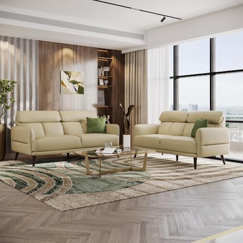 Image of Wakefit Sofa Set | 5 Year Warranty | Sofa 5 Seater, 5 Seater Sofa for Living Room, Wooden Sofa Set 3+2 Seater - Azores(Robin : Beige)