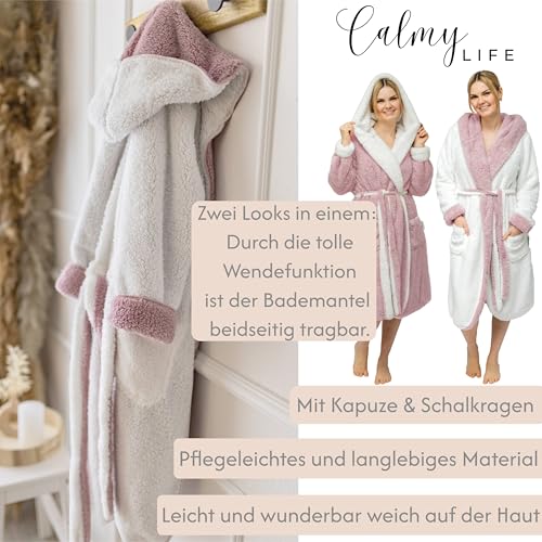CalmyLIFE Bademantel Damen flauschig Morgenmantel - mit Wendefunktion kuschelige Bademäntel mit Kapuze Kuschelbademantel (L, Altrose/Weiss)