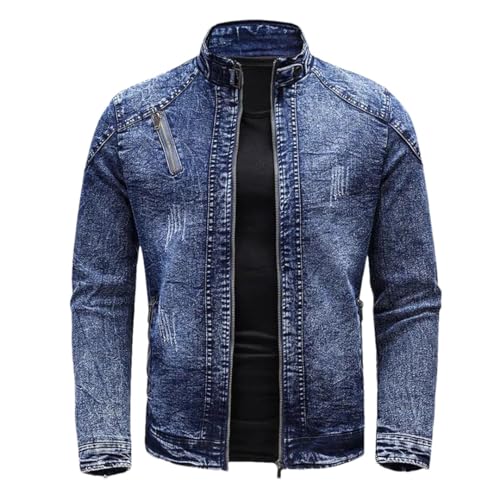 Men Motorcycle Denim Jacket Men Retro Zippers Stand Collar Denim Coats
