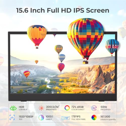 Image of UFYQL Portable Monitor for Laptops - 15.6 -inch FHD 1080P IPS Screen, Built-in Speakers, USB-C /HDMI, Includes Protective Case, Compatible with Laptops, MAC, PC, Phones, PS4 /5, Xbox, Switch