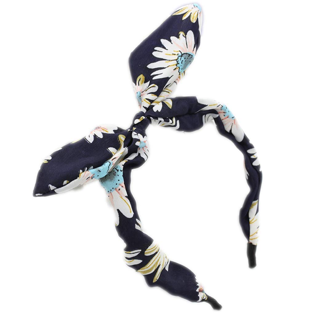 Boho Wide Ribbon Bowknot Alice Headband Hairband Bunny Rabbit Ears Wire Bendy Bow (Daisy Navy)