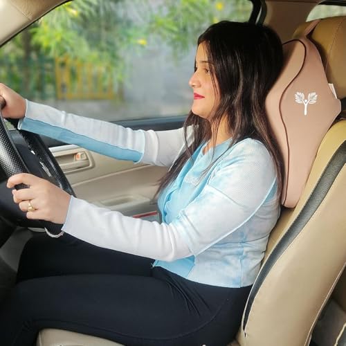 Image of Grin Health Orthopedic Car Neck Rest Pillow -Large Plus | Extra Deep Car Seat Neck Support Head Rest Cushion for Long Drives & Neck Relief | Memory Foam Neck Pillow for Car & Office (Beige)
